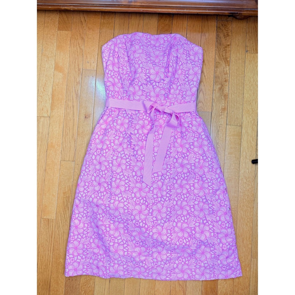 Lilly Pulitzer Pink Floral Eyelet‎ Lace Strapless Dress with Ribbon Belt Size 12 - Picture 3 of 9